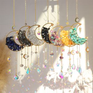 Garden Decorations Metal Moon Crystal Light Catcher Jewelry Hanging Rainbow Prism Wind Chime Crystal Sun Catcher Window Outdoor Garden Decoration 230721