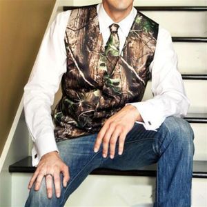 Camo Wedding Vests Hunter Groom Vest Tree Trunk Leaves Spring Camouflage Slim Fit Men's Vests 2 Piece Set Vest Tie Custom M244Z