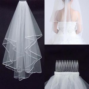 Goedkope Twee Lagen Bruiloft Sluiers Met Kam Wit Ivoor Met Satijnen Rand Voor Bruiloft Accessoires Bridal Veils324V