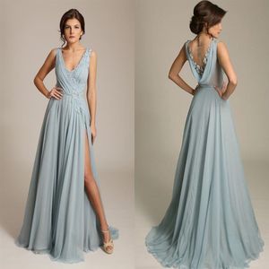 Gorgoues Dusty Blue Evening Dresses V Neck Sleeveless Appliques Chiffon Draped Back High Split Sexy Formal Evening Gowns Sweep Tra277a