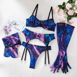 Lingerie sexy tie-dye con guanti calza Intimo fantasia 5 pezzi Intimo senza censura Vedi attraverso abiti sensuali in rete 230717