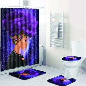 ファッションアフリカンパターンポリエステルシャワーカーテンセットノンスリップラグ浴室トイレ用フランネルバスマットセット4PCS 275p