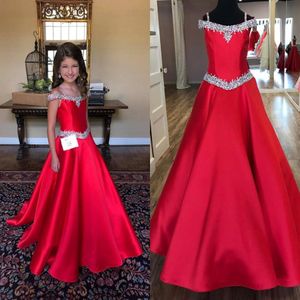 2021 Red Satin Girls Formal Dresses Teens Off The Shoulder Rhinestones Open Back A-line Flower Girl Dress For Wedding Pageant Part303z