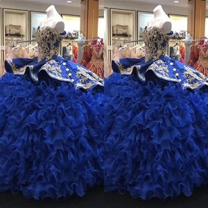 2023 멋진 볼 가운 Quinceanera 드레스 로얄 블루와 골드 구슬 자수 오간자 주름 통로 Tiered Princess Sweet 16 Dress P187V