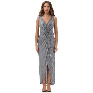 Party Dresses Womens Maxi Dress Shinny Sequin Long Formal Evening Gown Off Back Deep V Sleeveless Bridesmaid Grey