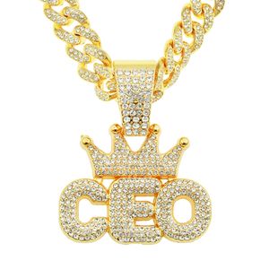 Hip Hop Rapper Mannen glanzende diamanten hanger gouden ketting Iced out crown CEO letters hanger micro-inzet volledige zirkoon sieraden nachtclub punk 50cm Miami Cubaanse ketting 1559