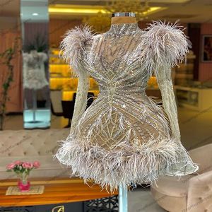 Luxury Beading Feather Short Cocktail Dresses High Neck Se Thru Crystals Homecoming Dress with Long Flare Sleeves305V