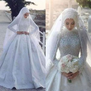 New Winter Castle Muslim High Neck Modest 3D Lace Long Sleeve Princess Custom Ball Gown Wedding Dress Appliques High Quality Brida292J