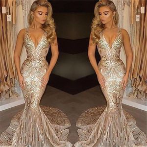 2020 Luxury Gold Sopecinded Mermaid Prom Dresses Deep V Neck Sweep Train Long Formal Plus Size Simpary Octunes Evening Party Pagean2388