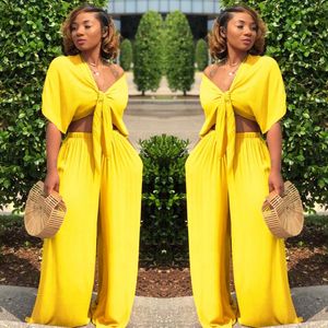 Women's Two Piece Pants 2023 Summer 2-Piece Solid Color Jumpsuit Short Sleeve V-Neck Hollow Out Loose Wide Leg