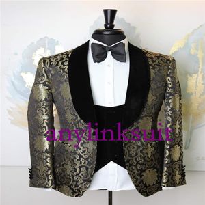 Wysokiej jakości jeden guzik czarny z złotym wzorem Tuxedos Szal Lapel Wedding PROM Kolacja Piromsmen Men Suits Blazer Jacket P282M