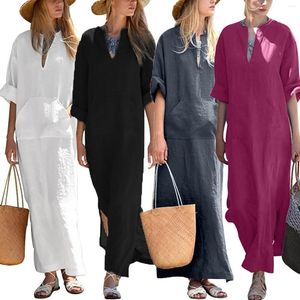 Casual Dresses Summer Dress Cotton And Linen Long Sleeve Literary Retro Women With Pocket Robe Vestidos Para Mujer