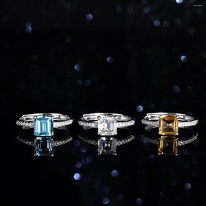 Cluster Anéis Topázio Natural Moissanita Anel de Diamante Feminino Prata Esterlina Uma Princesa Quadrada
