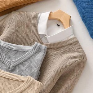 メンズセーター秋の冬Vネックセーターソリッドカラーマット織り厚いルーズニットカシミアアンダーレイ