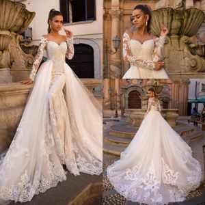 2021 Abiti da sposa sexy a sirena champagne Sweetheart Off spalla Illusion Neck Appliques in pizzo Tulle Treno staccabile Overskirts204v