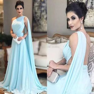 One Shoulder Light Sky Blue celebrity Evening Dresses with cape Chiffon Illusion Backless Floor Length Arabic formal prom party go173e