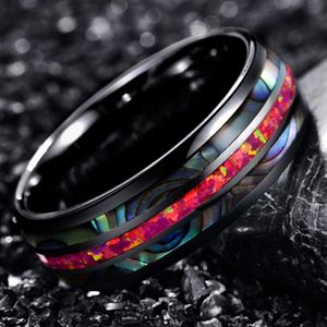 Nero 8mm Acciaio inossidabile Fill Red Fire Imitazione opale Arcobaleno Abalone Shell Inlay Anello Migliori regali per gli uomini Fedi nuziali Gioielli