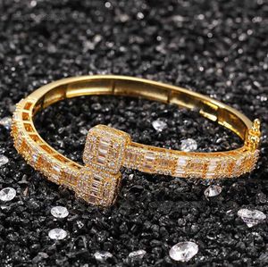 14K Gold Men Ladies Cubic Zirconia Diamond Baguette Square Bangle Bracelet Opening Size Hiphop Jewelry297T