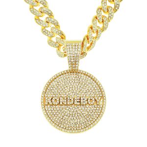 Hip Hop Rapper shiny diamond pendant gold necklace KONDEBOY round pendant micro-inset zircon jewelry night club accessory Sweater Collarbone Cuban chain 50cm 1566