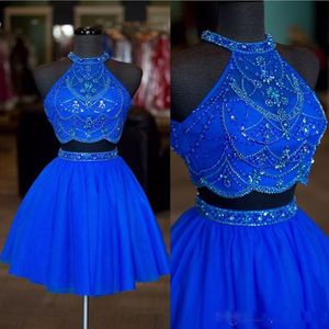 2019 Real Pos Royal Blue Two Cest homecoming Dress with Honter Neck Beades Backless Tulle 라인 칵테일 파티 가운 263v