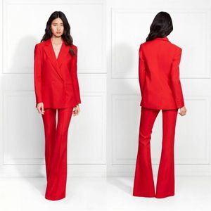 Red Evening Dresses Satin Two Piece Suit Coat And Pants Prom Dress V Neck Long Sleeve Special Occasion Dresses3056