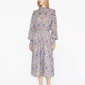Australian Linen Women Designer Clothing, Retro Waistband, Slim Floral Print Stand Up Collar, Pure Cotton Dress, July