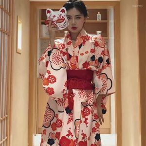 Ubranie etniczne 2023 Japońska Kimono kobieta z czerwonym obi kwiatem drukowana szata kąpiel