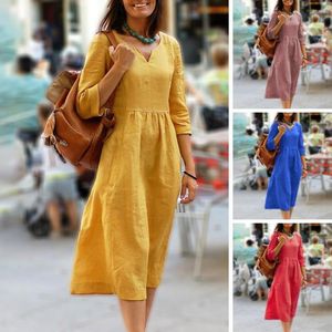 Casual Kleider Plus Size Kleid Frauen Täglich Vintage V-ausschnitt Plissee Tasche Sommer Weiche Atmungsaktive Mid-kalb Länge Weibliche kleidung