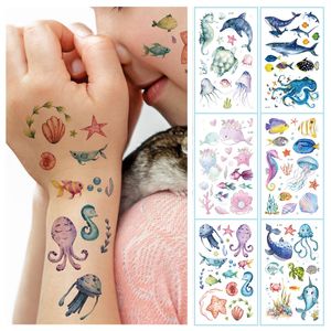 12 Arten wasserdichte temporäre Tattoos für Kinder, Cartoon-Delfine, Wale, Meeresfische, Aquarell, gefälschte Tattoo-Aufkleber, Einweg