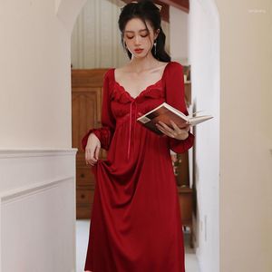 Women's Sleepwear Women Sexy Square Neck Nightgowns Thin Night Dress Lingerie Homewear Red Satin Long Sleeve Nightwear