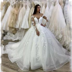 White Tulle spets bröllopsklänningar applikationer prinsessor bollklänning golvlängd brudklänningar foraml party plus size vestidos de noiva 2247n