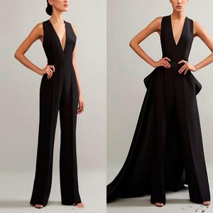2020 Ashi Studio Black Evening Jumpsuits With Detachable Skirt V Neck Prom Gowns Cheap Plus Women Formal Pant suit3341