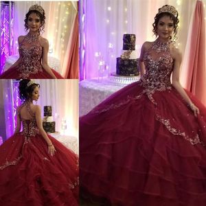 Modern Sliver Embroidery Burgundy tulle Quinceanera Prom dresses High Neck Keyhole Back Crystal Beaded Ruffles Sweet 16 Dress Vast304D