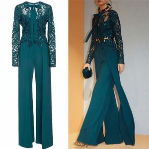Hunter Green Jumpsuits Mother of the Bride Dresses Long Seces Lace Appliqued Women Garment Outfit Modest Evening Dresses Prom Go286m