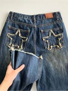 Kadınlar Jean's Blue Wide Bacak Kot Yıldız Cep Vintage Düz Pantolon Yüksek Bel Sokak Giyim Sıradan Denim Pantolon Ladies 230721