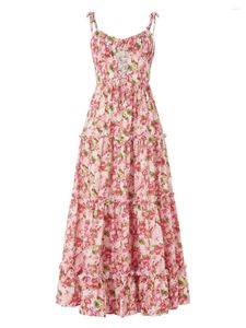 Sukienki swobodne Wsevypo kwiatowy nadruk powiązany spaghetti Pasek długi sukienki Kobiety lato bez pleców bez rękawów marszczenie A-line na plaży wakacje