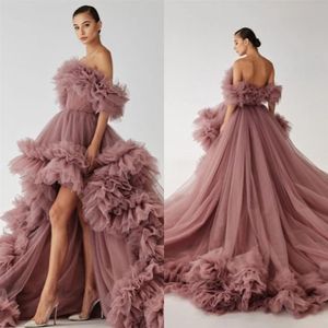 2022 High Low Prom Party Dresses Fluffy Ruffled Tulle Al largo della spalla Abiti da sera convenzionali Senza spalline Po Shoot Pography Dres294j