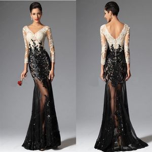 Cheap Modest Mermaid Prom Dresses 2021 Formal Dresses V Neckline Black And White Lace Evening Dresses Sexy Beaded Pageant Gowns2773