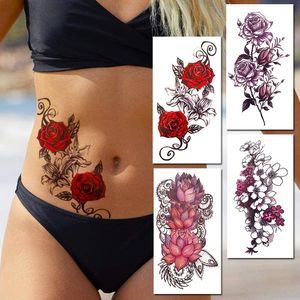 Aquarela Rosa Flor Tatuagem Temporária Para Mulheres Crianças Meninas Cherry Tatuagens Falsas Adesivo Sexy Lótus Henna À Prova D' Água Tatuagem Cintura