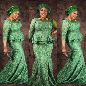 Plus Size Green Lace Prom Dresses South African Beading Sheer Neck Long Sleeves Evening Gowns Aso Ebi Saudi Arabia Formal Party Dr2475