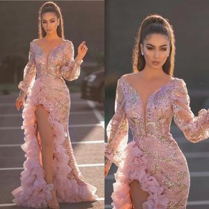 2020 Aso Ebi Mermaid Prom Dresses Long Sleeves Side Split Ruffles Pink lace sequins Evening Gowns V Neck vestido de novia270y