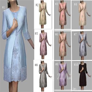 Elegant 2018 Mother Of The Bride Dresses With Long Jacket Jewel 3 4 Long Sleeve Formal Dress Lace Applique Knee Length Evening Gow214l