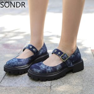 Klänningskor denim jeans oxfords brogues kvinnor chunky hälplattform preppy skor rund tå plus storlek 230721