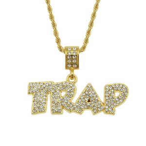 Hip Hop Rapper Shiny Diamond Pendant Gold Necklace Trap Letters Pendant Micro-Inset Zircon Jewelry 75cm Night Club Accessory Ströja kedja 1526