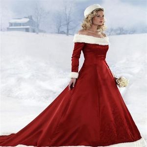 Långärmad röd julklänningar nya vinter höstklänningar a-line bröllopsklänningar off-shoulder satin golvlängd julbr299y