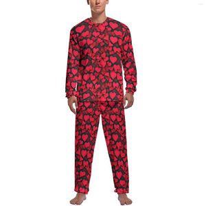 Herren-Nachtwäsche, rote Herzen, bedruckte Pyjamas, Herren-Valentinstag-reizende Nachtwäsche, Frühlings-Langarm-Zweiteiler, lässige Muster-Pyjama-Sets