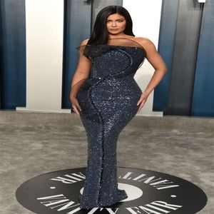 Kylie Jenner paljetter Prom -klänningar Oscars axelpakelösa aftonklänningar plus storlek speciellt tillfälle parti vestido de fiesta röda mattan dre269c