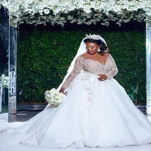 2020 Plus Size Wedding Dresses Luxurious spets pärlor Sheer Neck Sexig arabisk aso ebi brudklänningar långa ärmar bröllopsklänningar2399