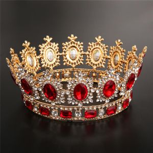 Bridal Crown Queen Rhinestone Crystals Royal Wedding Crowns Crystal Stone Red Big Gold Headband Hair Studio Molding Party Tiaras2691