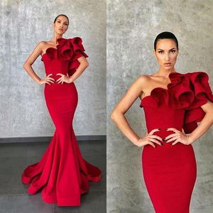 Elie Saab 2020 Elegant Red Mermaid Evening Dresses Ruffles Formal Dress Party Evening Gowns Runway Celebrity Dress Prom Wear robes217b